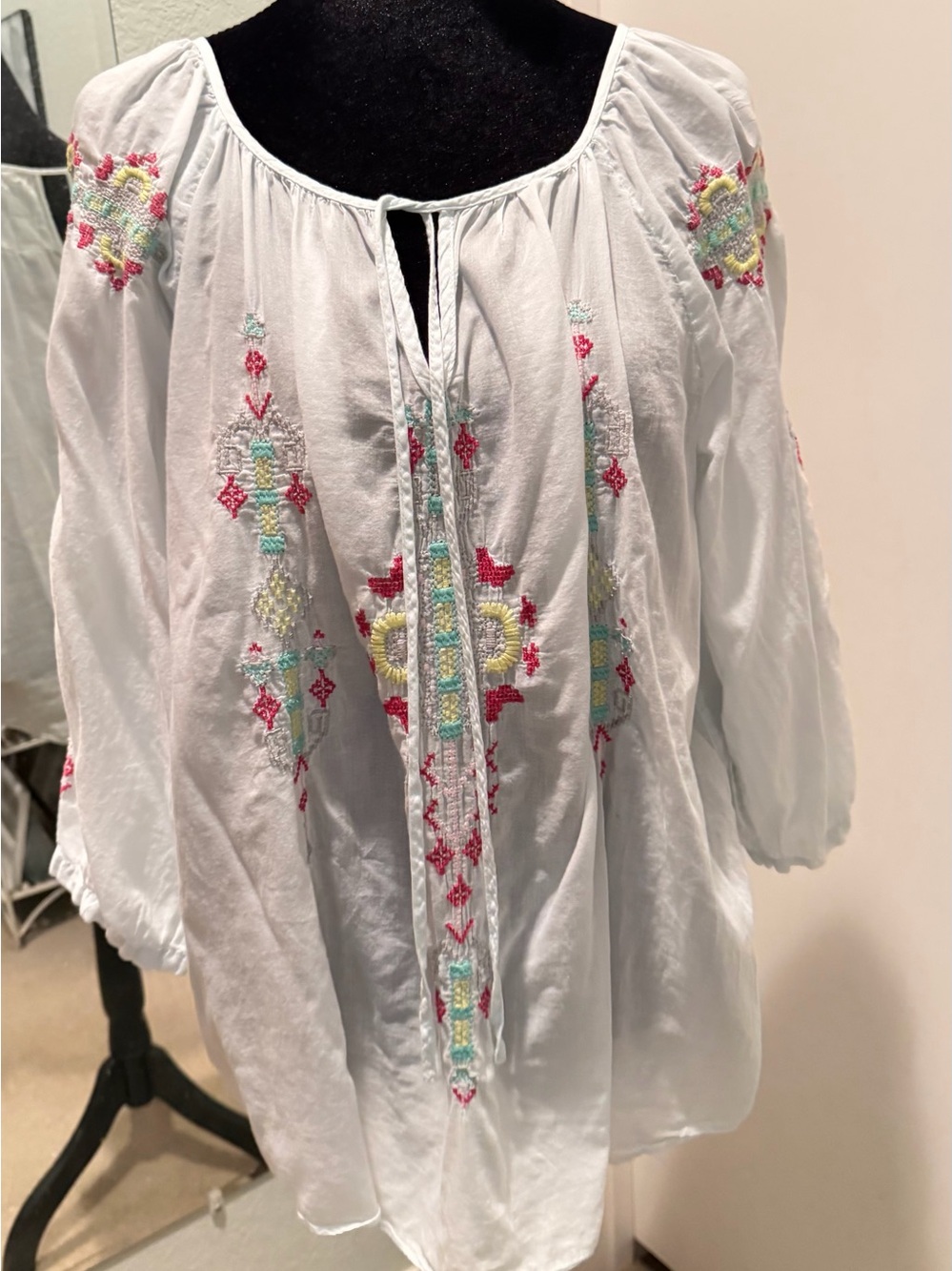 Johnny Was Pale Blue Embroidered Peasant Blouse with Pink & Green Accents - Picture 9 of 13